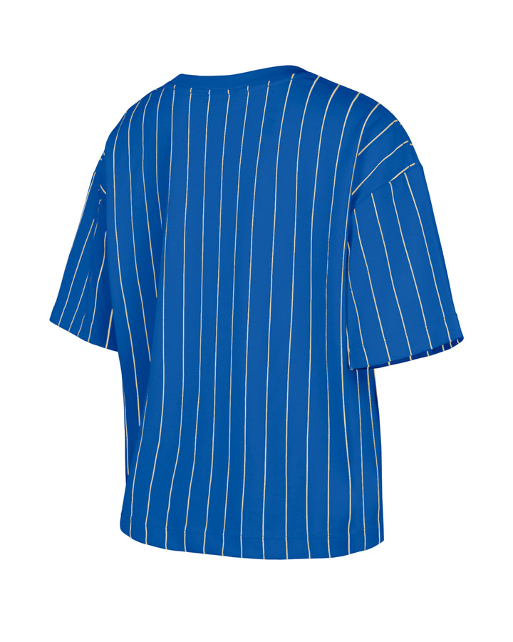Chicago Cubs Walking Bear Women's Cropped Royal Pinstripe Tee by New Era Short Sleeve Tees New Era