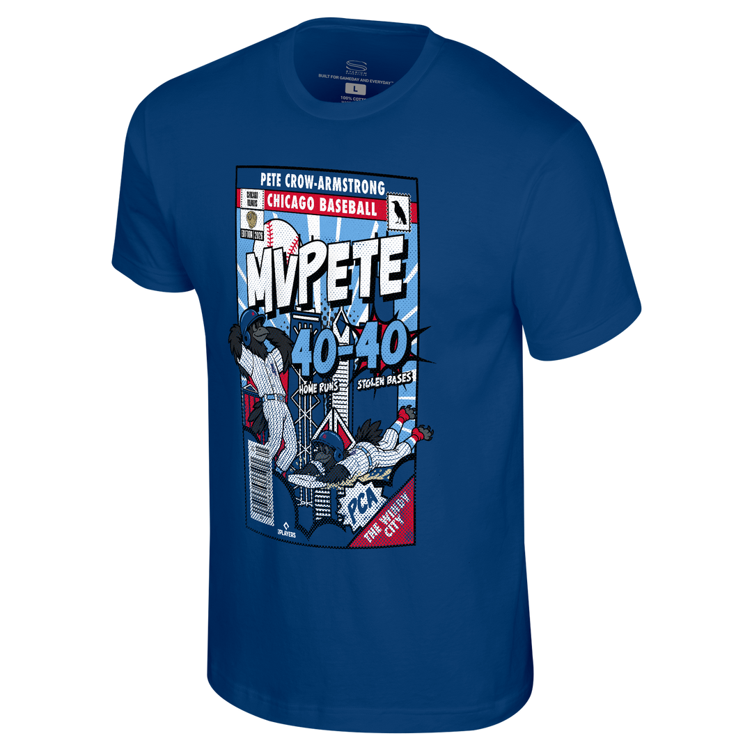 Chicago Cubs Pete Crow-Armstrong 40-40 Comic Royal Blue T-Shirt Shirts Stadium Essentials