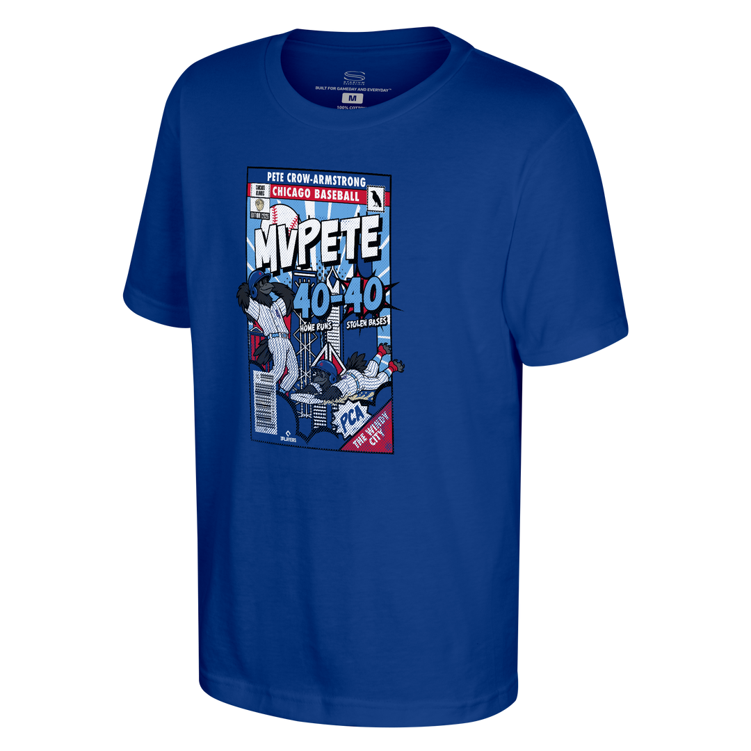 Youth Chicago Cubs Pete Crow-Armstrong 40-40 Comic Royal Blue T-Shirt Shirts Stadium Essentials